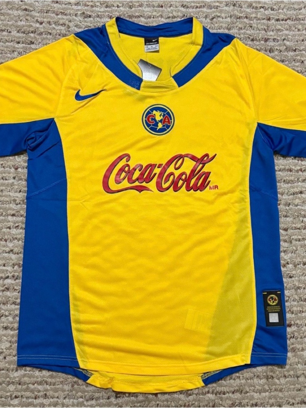 Nike Yellow and Blue Club América Soccer Jersey with Coca-Cola Logo